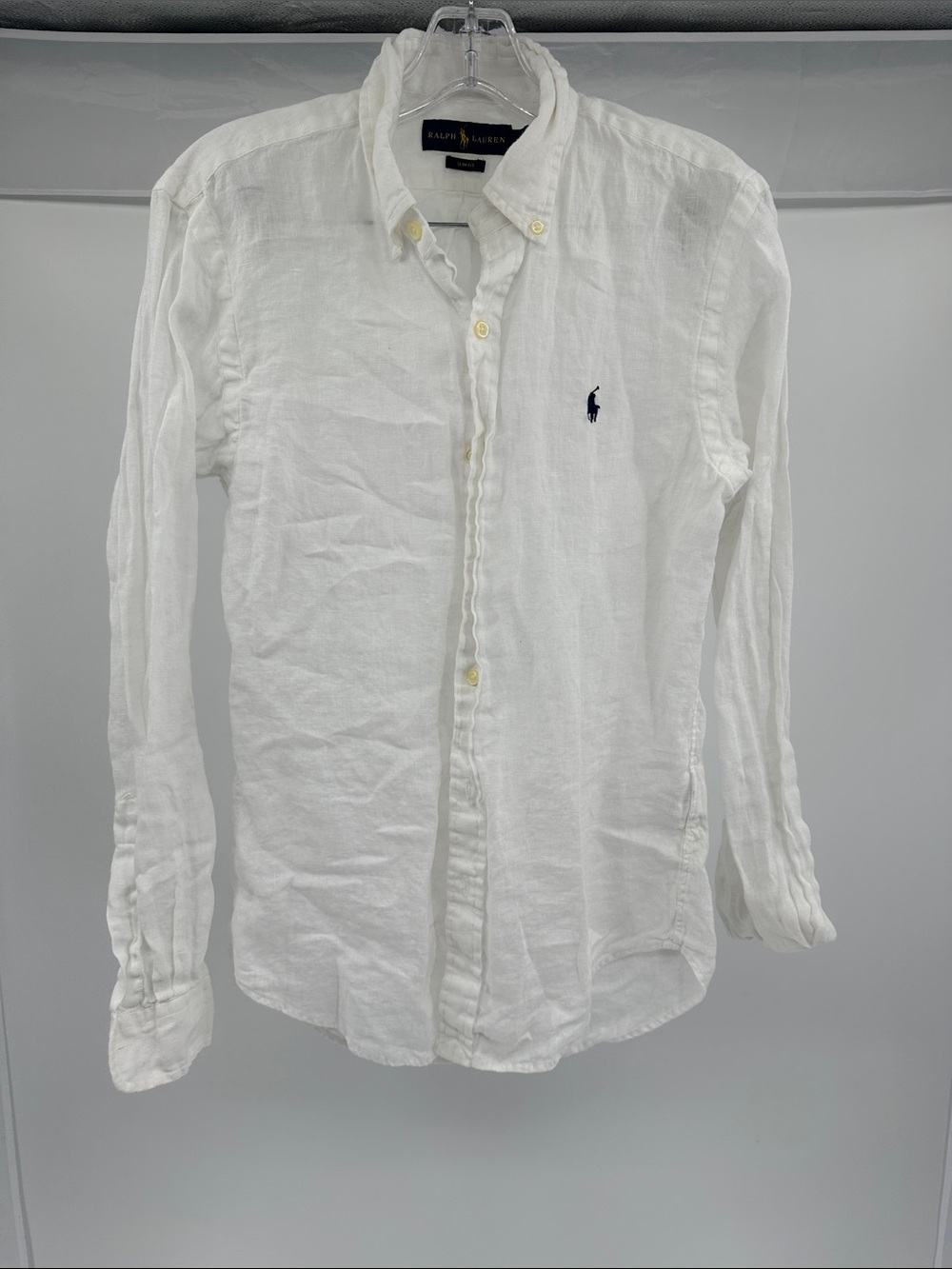 Ralph Lauren White Linen Button-Down Shirt with Navy Pony